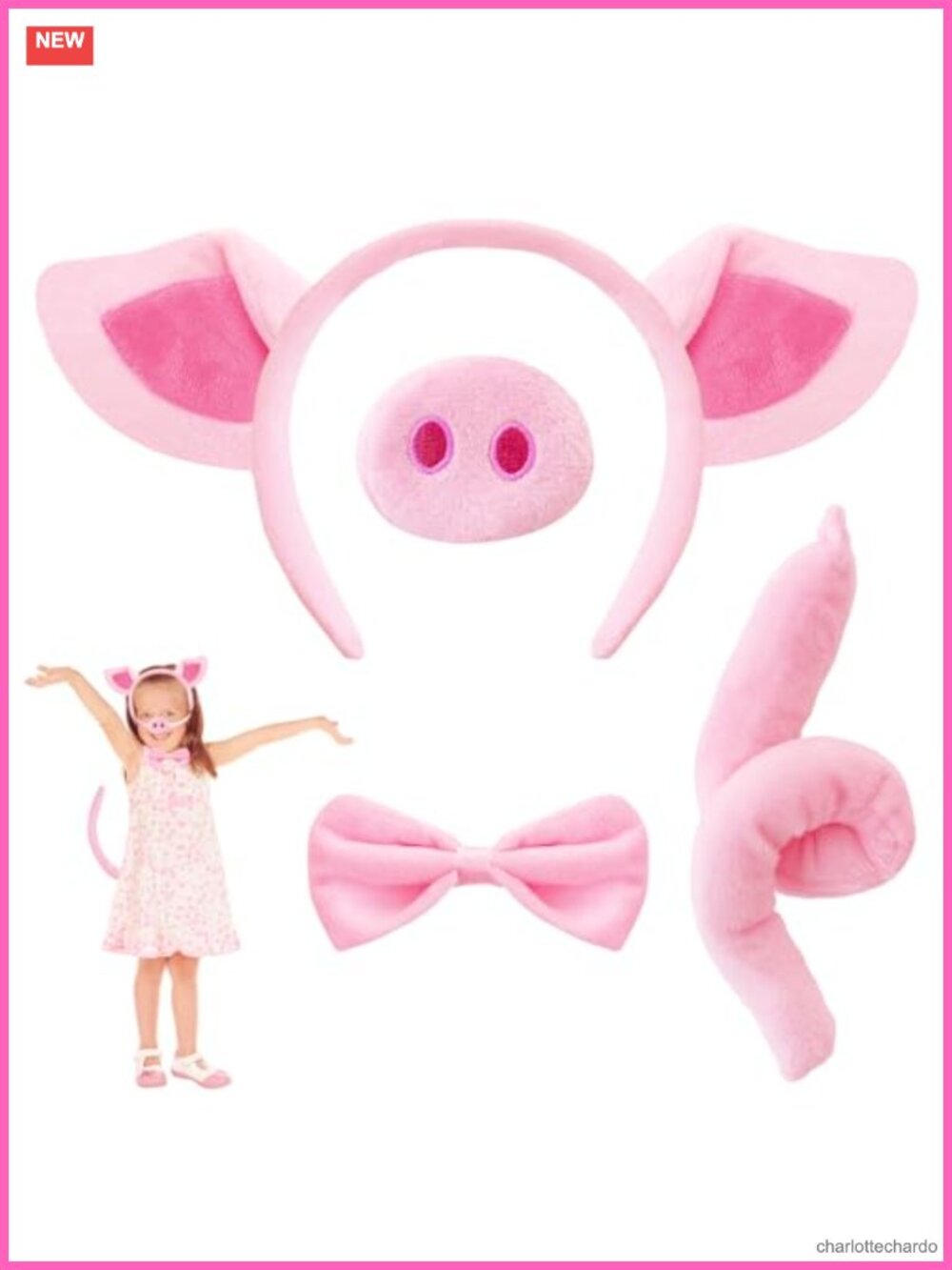 Pig Costume Set Headband Nose Tail Bow Tie Halloween Cosplay Party Accessory